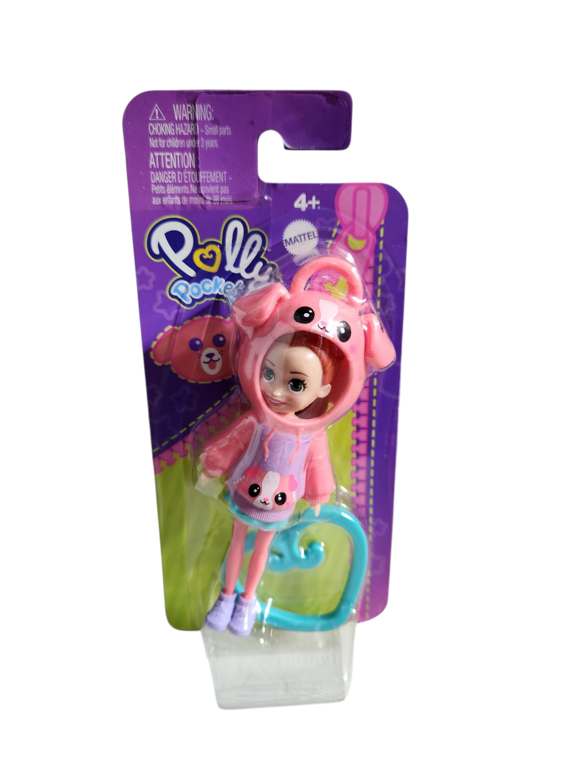 Polly Pocket Animal Hoodie Friends Dolls Clip On Heart Keyring 13cm - Pink Character with Heart-Shaped Handle