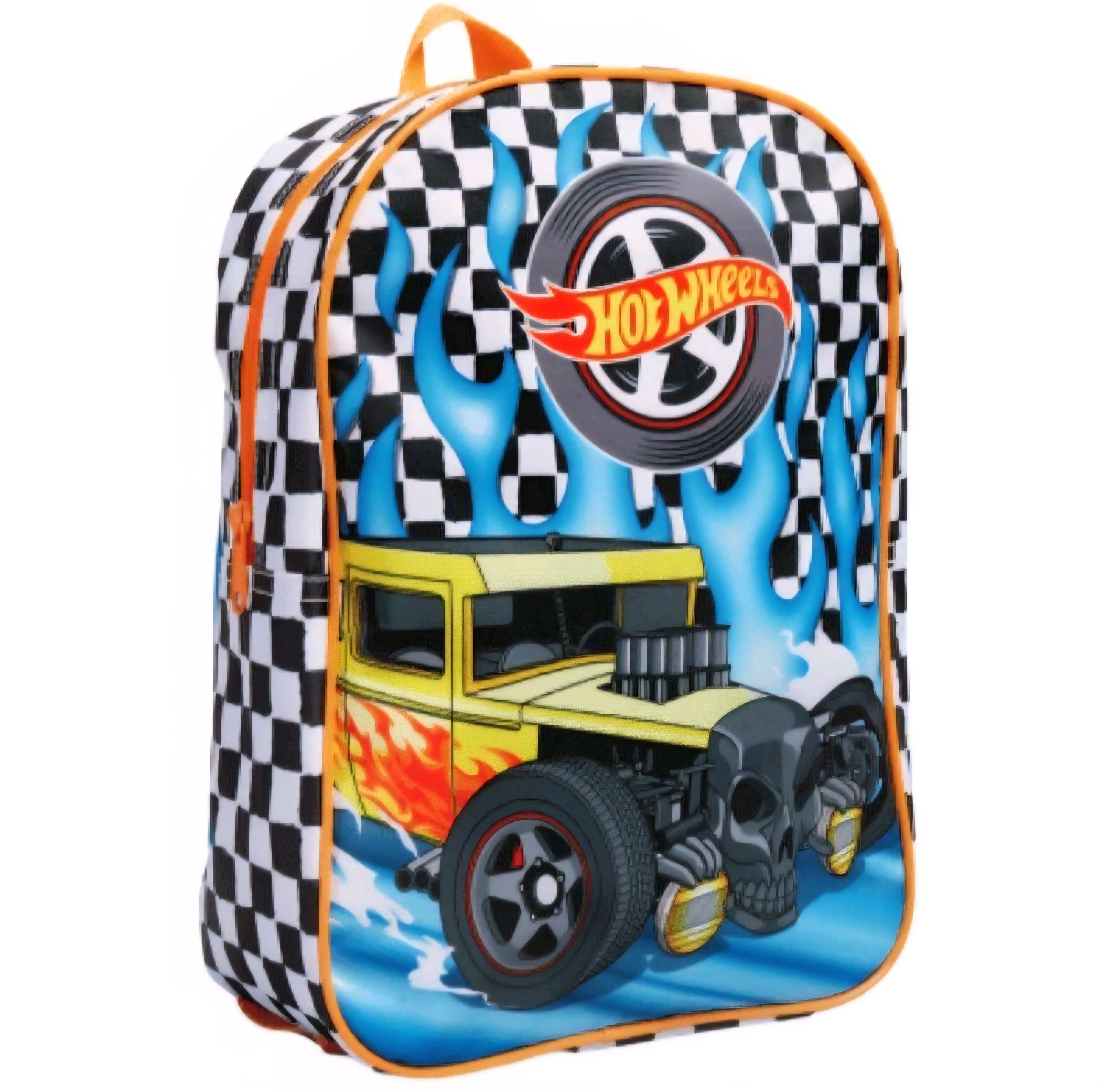 Hotwheels Backpack with Checkered Flag Design and Flame Motif